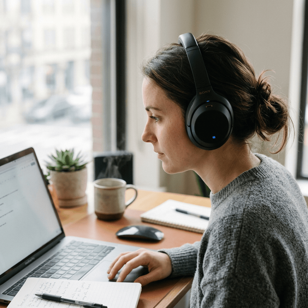 Woman wearing headphones working at a laptop beside coffee and notebook