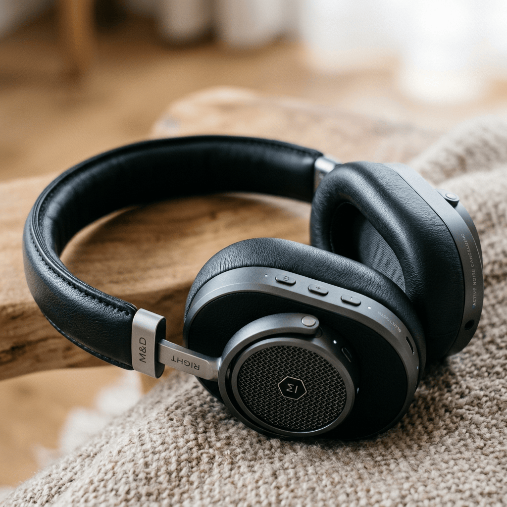 Black wireless over-ear headphones resting on a beige knitted blanket