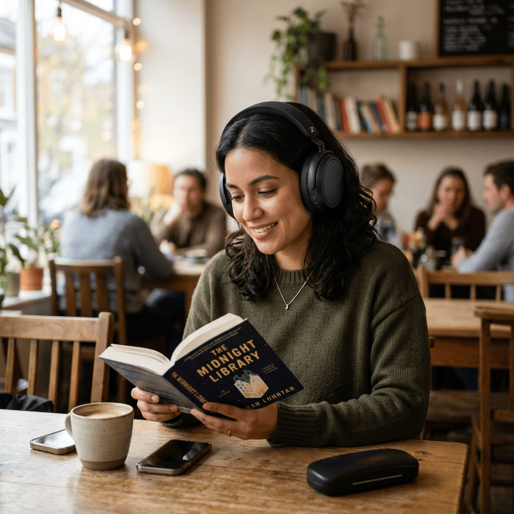 Person listening to music with wireless headphones