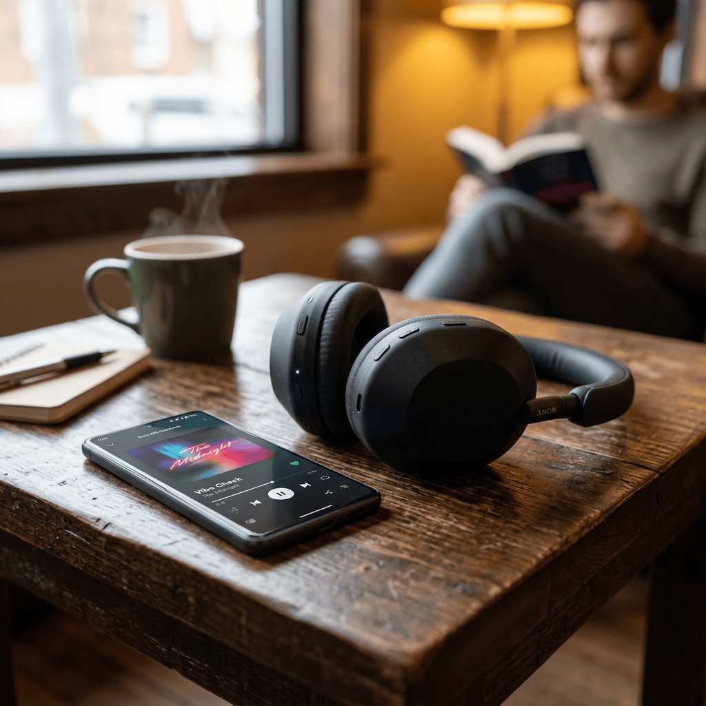 Wireless headphones connected to a mobile device